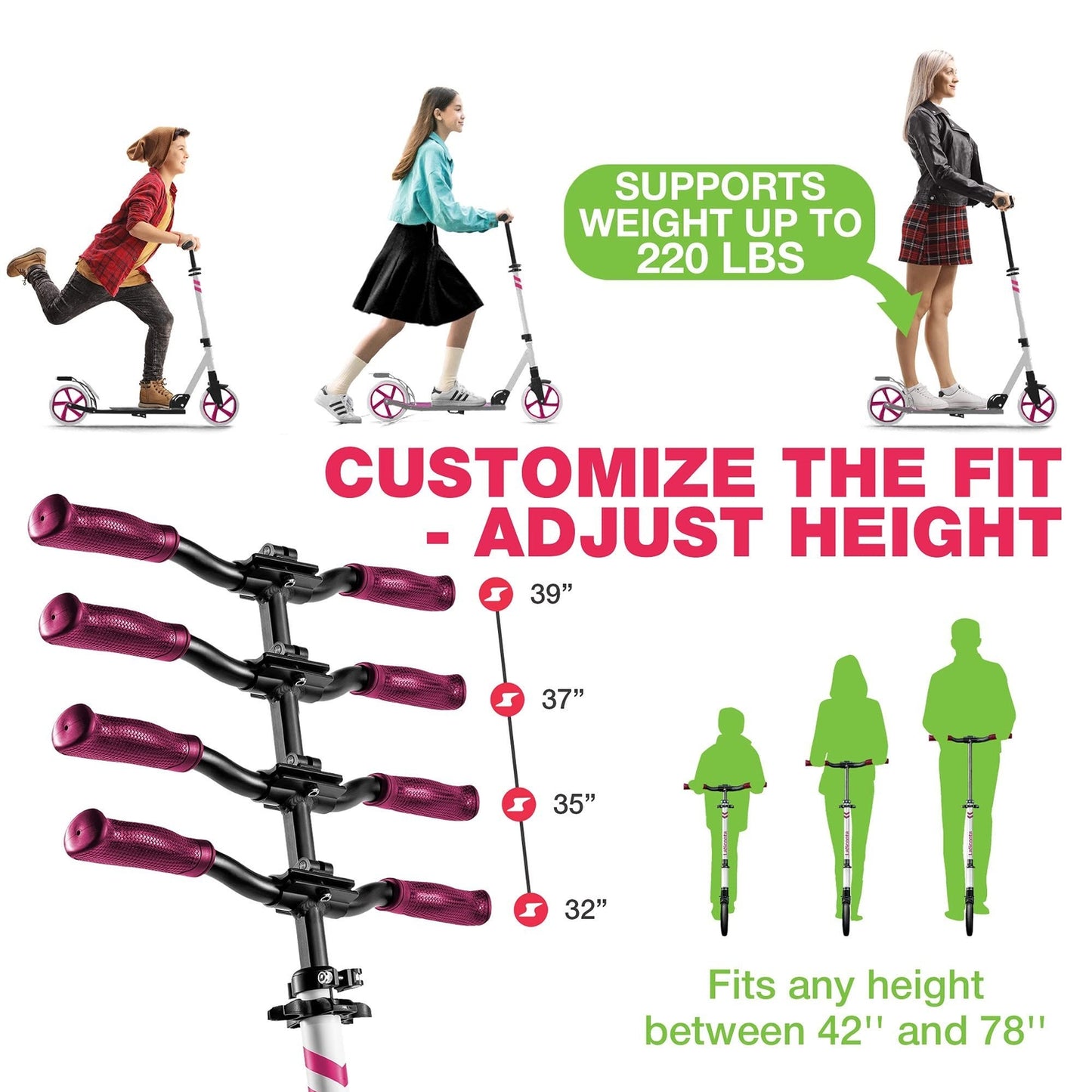 Kick Scooter for Adults & Teens - Pink