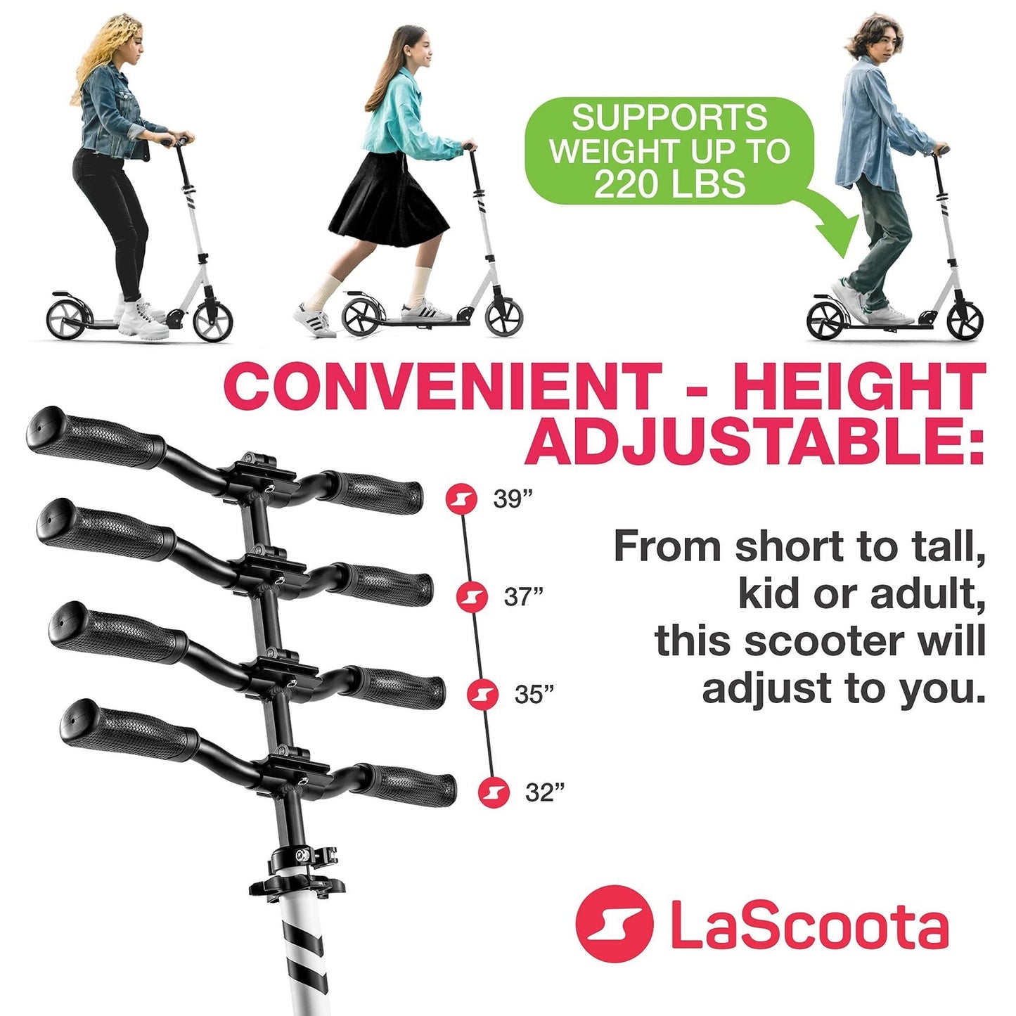 Kick Scooter for Adults & Teens - Black & White